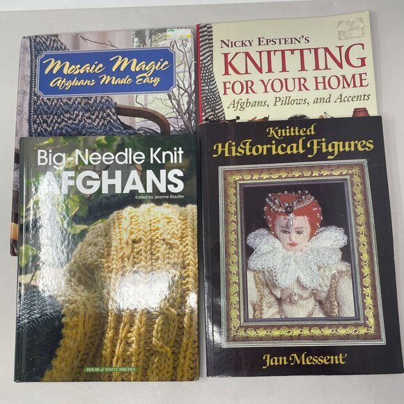Lot of 4 Knitting Pattern‎ Books Mosaic Magic Afghans Historical Figures Pillows - Picture 1 of 10